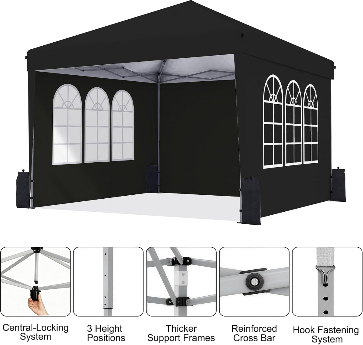 10x10 Pop Up Canopy Tent with Sidewall, Commercial, Black