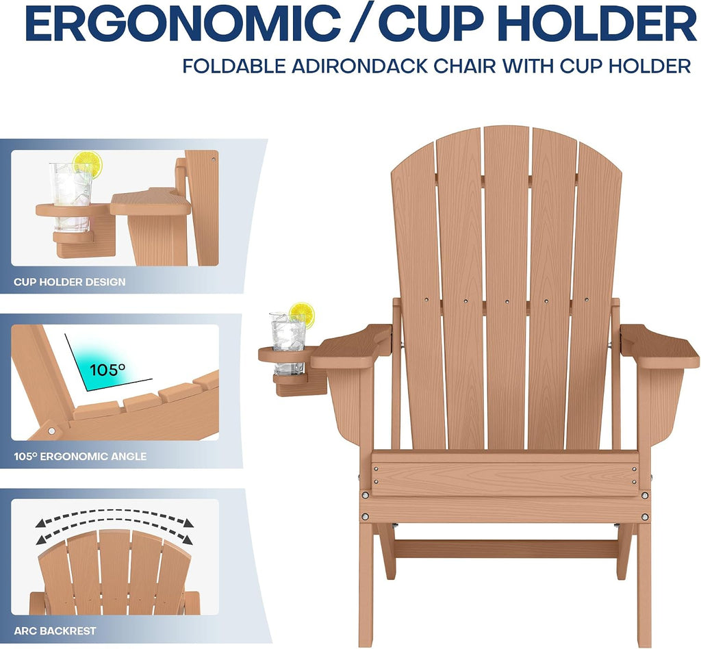HDPE Folding Adirondack Chair with Cup Holder, Cedar
