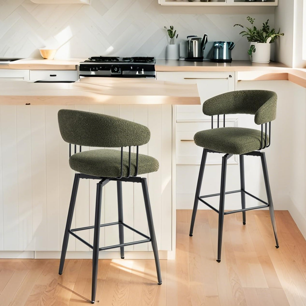 Glitzhome Swivel Bar Stools Set of 2, 31.5 Inch Seat Height Modern Mid Century Hunter Green Fabric Barstools with Metal Legs, Upholstered Bar Height Bar Chairs for Kitchen Pub Dining Room