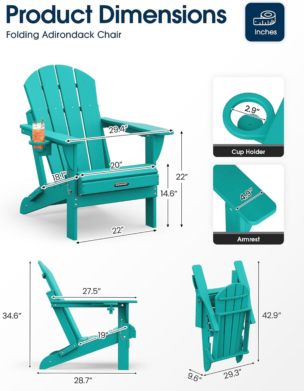 MUCHENGHY Folding Adirondack Chairs Set 6, HDPE for Fire Pit, Lake Blue (Set of 6)