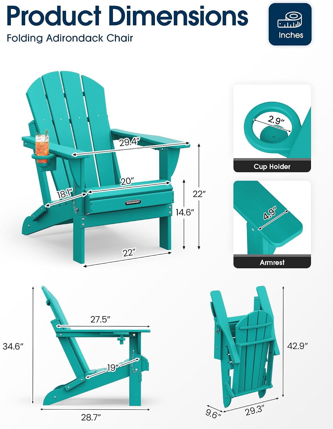 MUCHENGHY Folding Adirondack Chairs Set 6, HDPE for Fire Pit, Lake Blue (Set of 6)