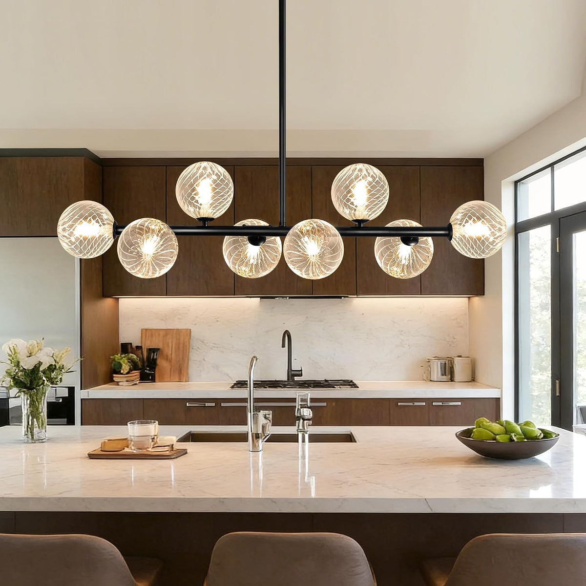 Clear Ribbed Glass Globe Chandelier, 8-Light Bubble Dining Room Chandelier 37" Black Modern Chandelier Sputnik Chandeliers Mid Century Linear Chandeliers for Dining Room Kitchen Island