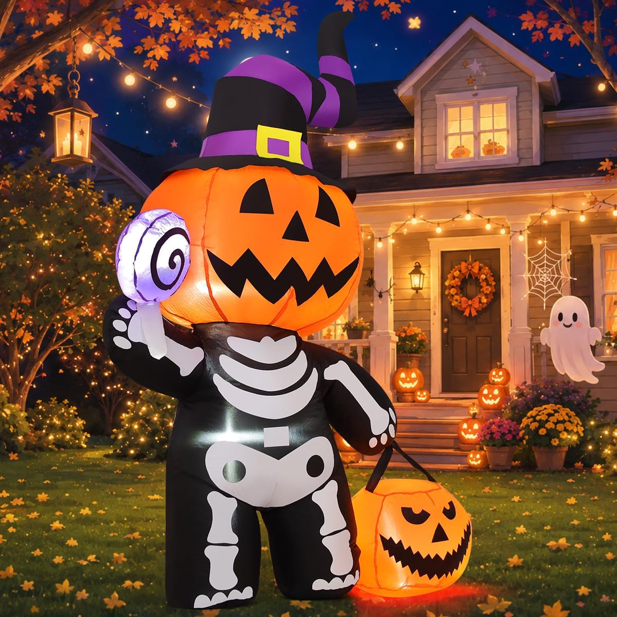 GOOSH 6 FT Halloween Inflatable Pumpkin Skull Body Outdoor Decorations Blow Up Yard Pumpkin with Built-in LEDs for Garden Lawn Party Decor