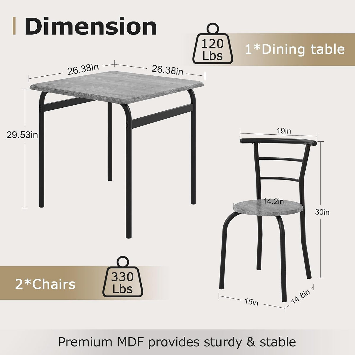 VECELO 3-Piece Dining Table Set for Kitchen Breakfast Nook, Wood Grain Square Tabletop and Metal Frame, for Small Spaces, Grey