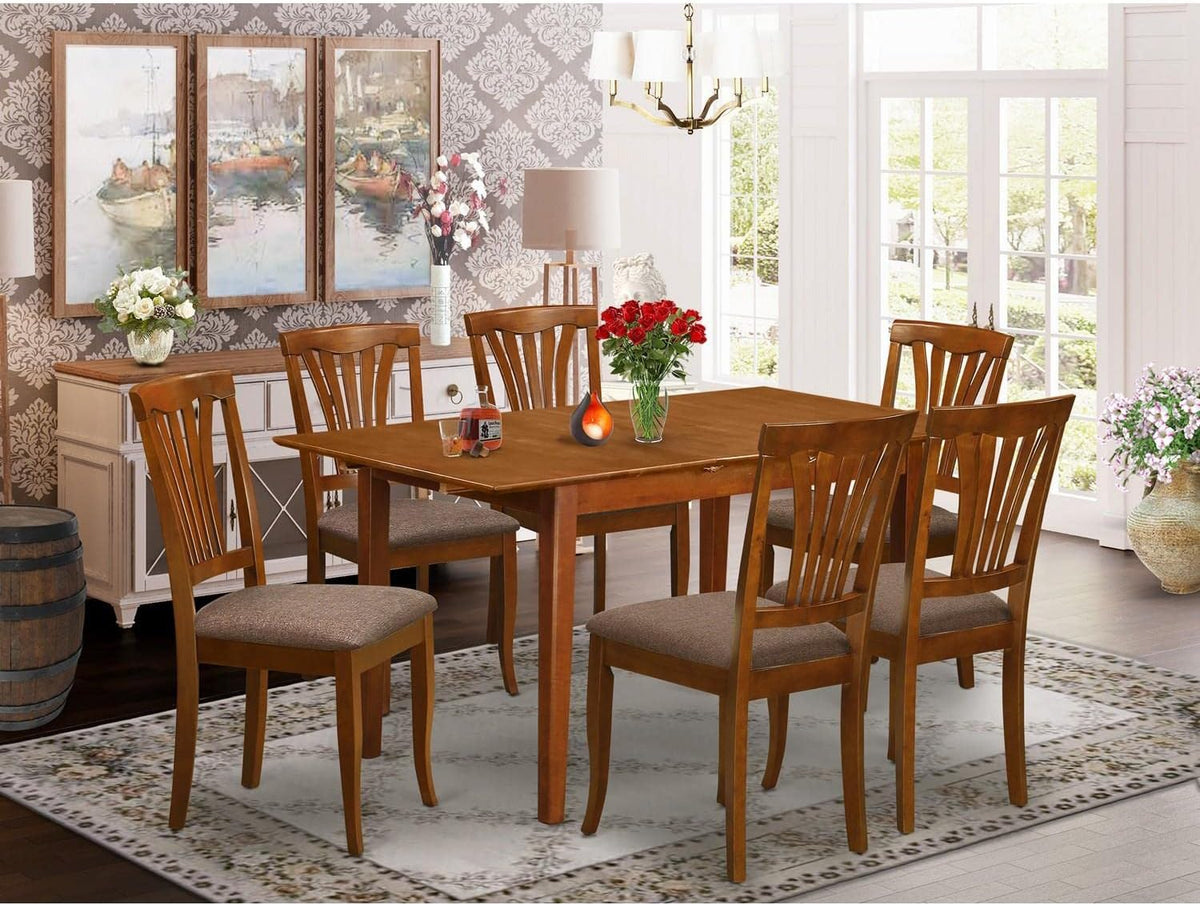 East West Furniture PSAV7-SBR-C 7 Piece Modern Dining Table Set Consist of a Rectangle Wooden Table with Butterfly Leaf and 6 Linen Fabric Upholstered Chairs, 32x60 Inch, Saddle Brown