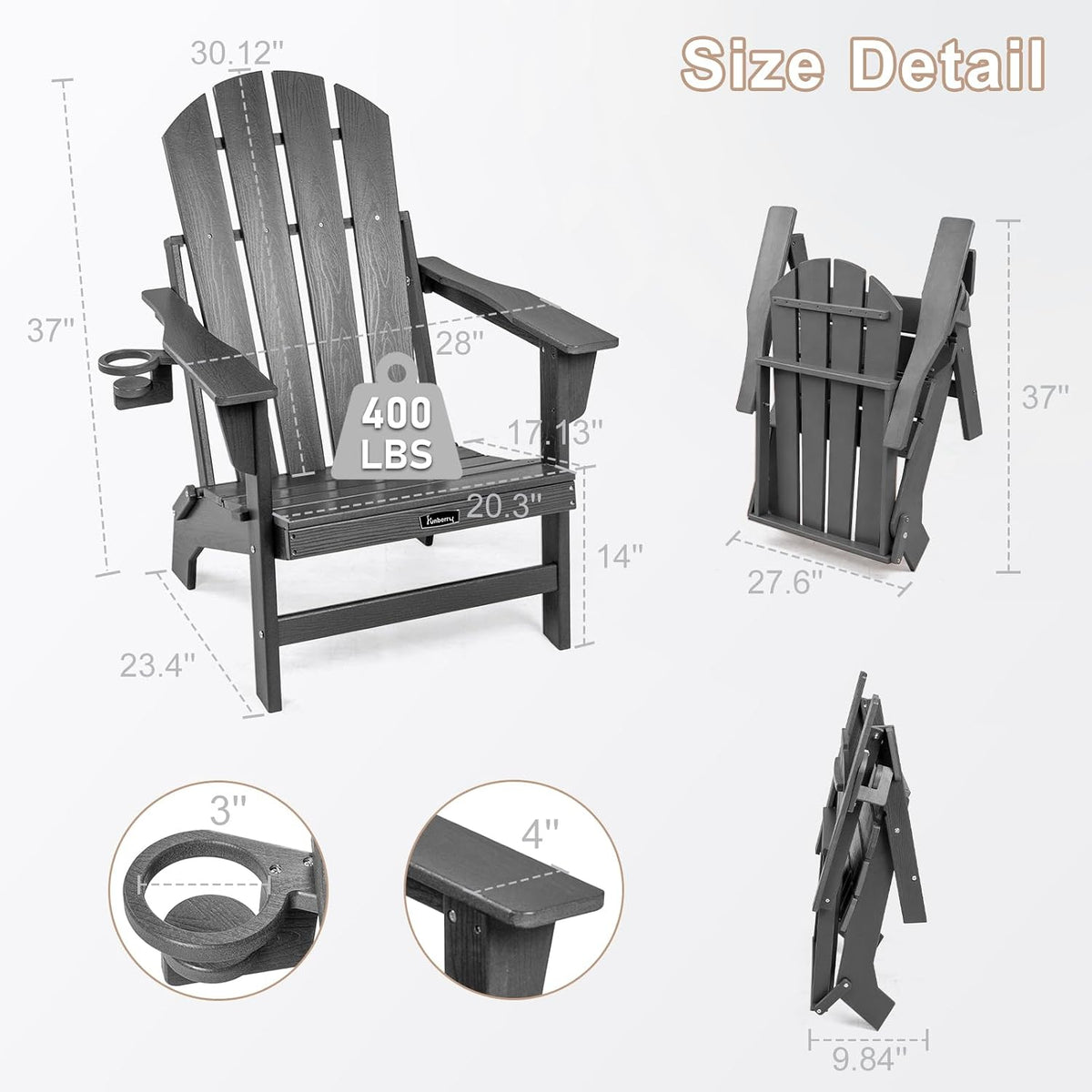 FUNBERRY Oversized Folding Adirondack Chair, Stable Fire Pit Chairs 400LBS