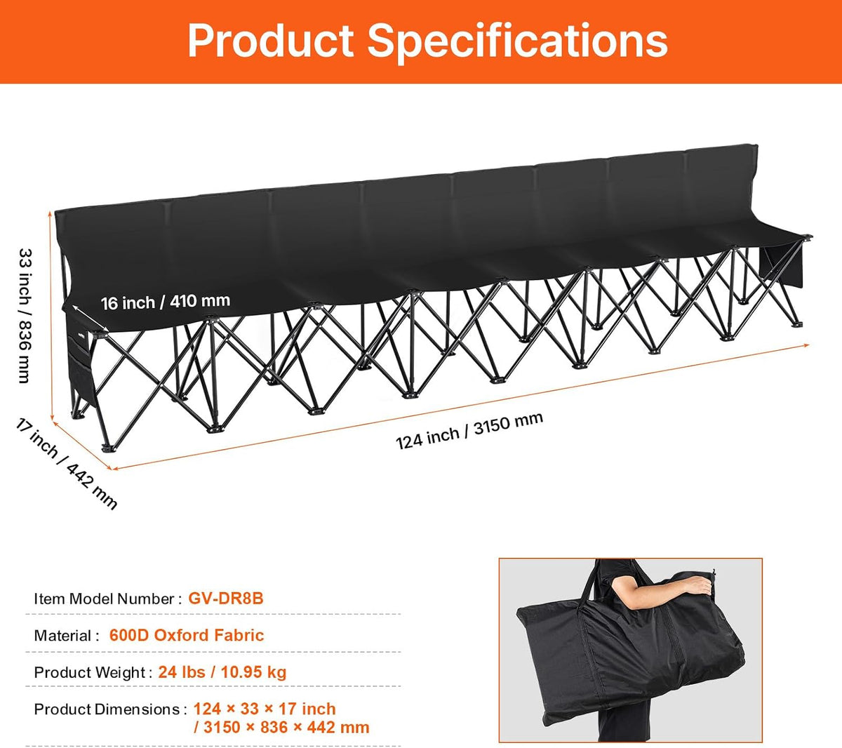 VEVOR Portable Folding Bench, 8 Seats Foldable Sideline Bench, Outdoor Camping Chair with Carry Bag & Backrest, Team Sport Sideline Bench for Football Fishing, No Assembly Instant Seating, Black