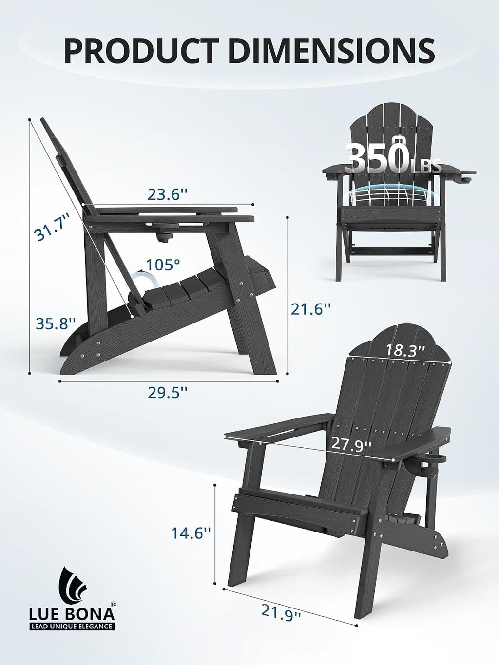 LUE BONA HDPE Adirondack Chairs Set of 4, Black Fire Pit Chairs