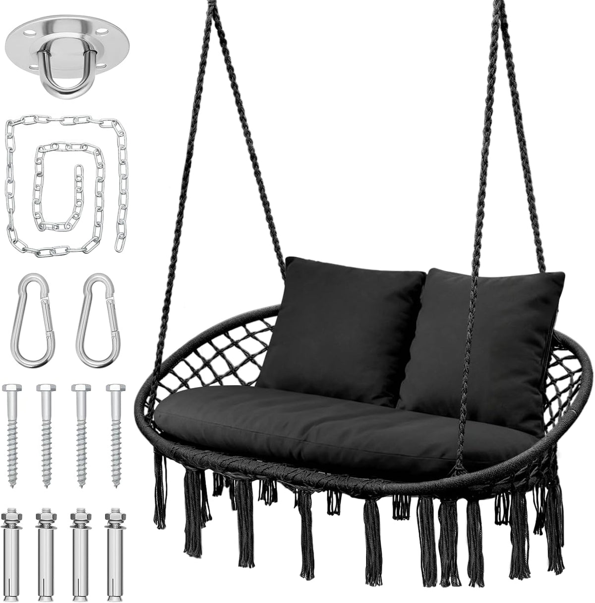 MoNiBloom Outdoor 2 Seat Hammock Chair with 3 Cushion, Black