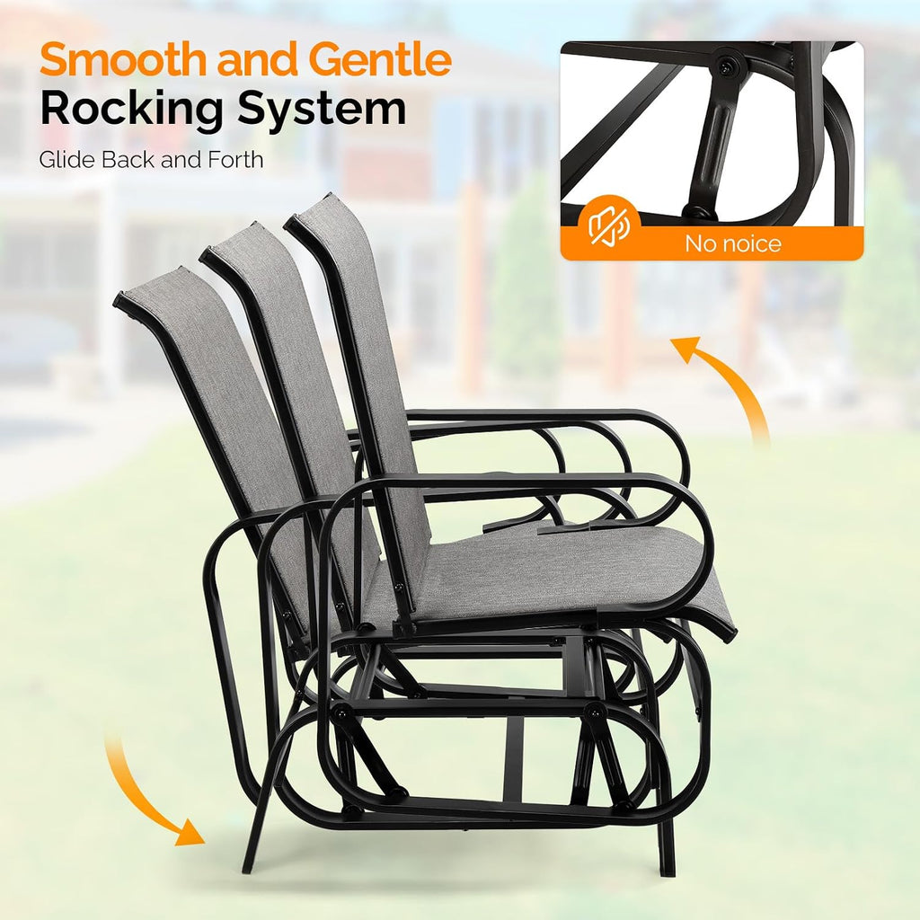VINGLI Outdoor Glider, Patio Glider with Higher Backrest, Weatherproof Chair with Smooth Rocking Mechanism for Yard, Balcony, Outdoors (Grey, 2PCS)