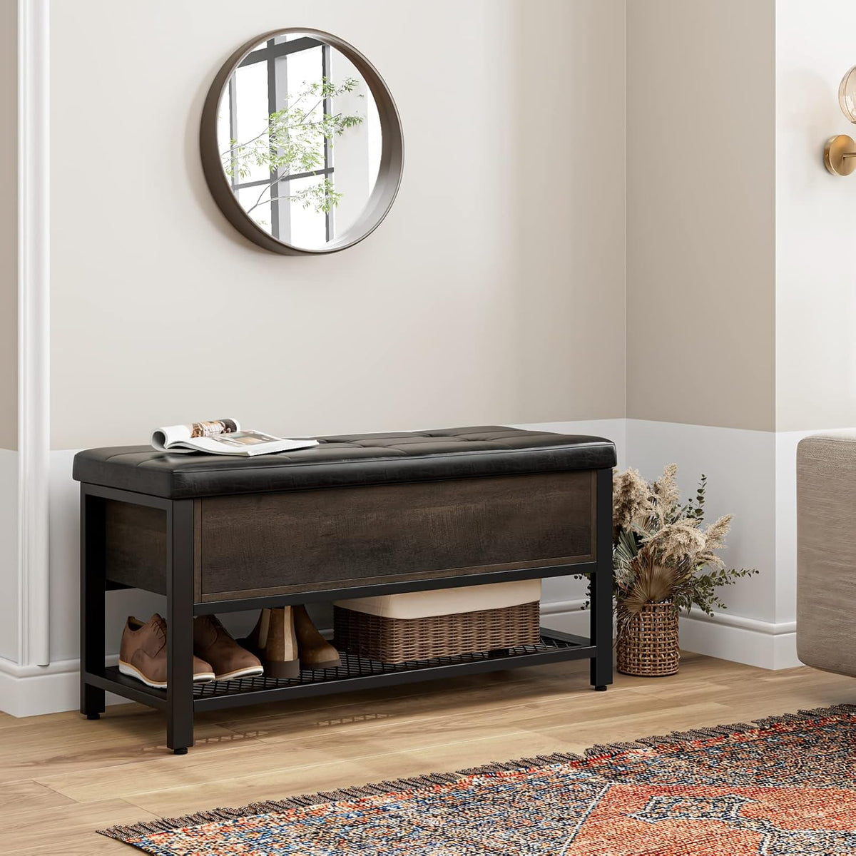 HOSTACK 40" W Storage Bench, Entryway Shoe Bench with Cushion, Dark Brown
