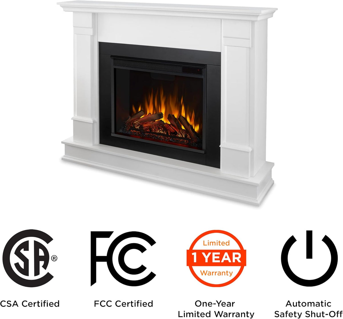 Real Flame Silverton 48” Electric Fireplace with Mantel for Living Room or Bedroom, Replaceable Fireplace Insert Heater, Realistic Log and Flame Effect, Remote Control, Timer, White