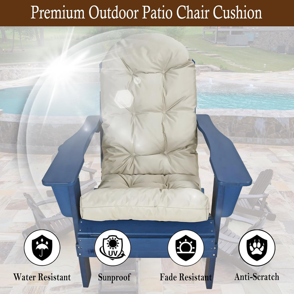 Outdoor Adirondack Chair Cushions Set of 2, Waterproof Patio Rocking Chair Cushions High Back, Thickened Patio Chair Pad for Indoor with Tie Straps,48x19x4 inches (2, Kahaki)