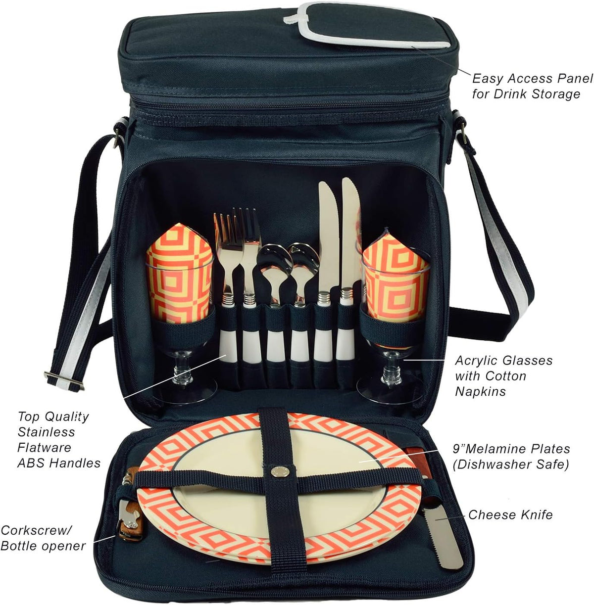 Picnic at Ascot Insulated Picnic Basket/Cooler Fully Equipped with Service for 2 - Orange/Navy
