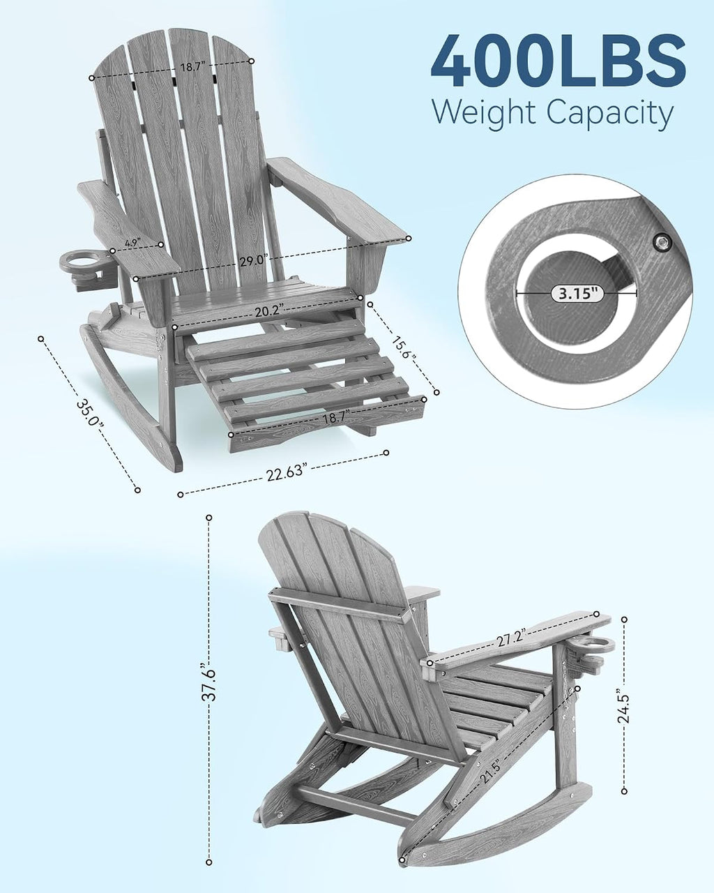 Folding Adirondack Rocking Chair with Footrest, HDPE Adirondack 4-in-1 Multifunctional Outdoor Chair with Cup Holder, All Weather Adirondack Chair with Ottoman,Grey