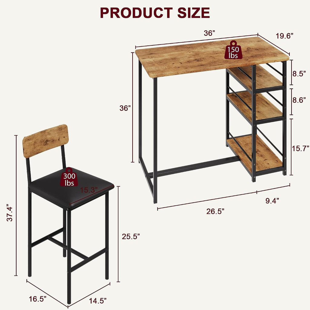 bar table and chair set with 3 shelves shown in use
