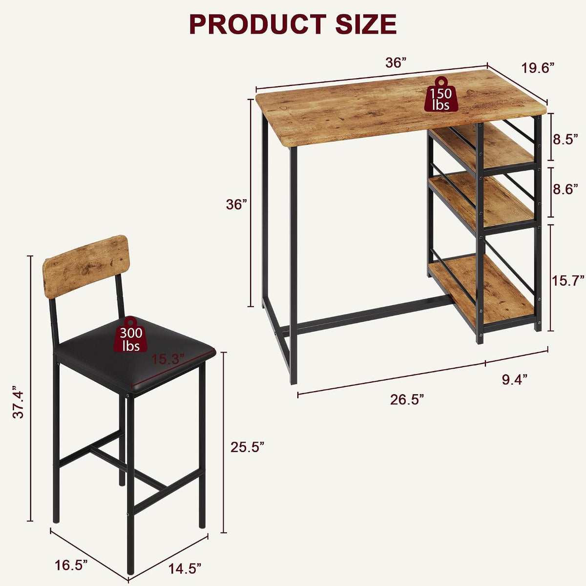 bar table and chair set with 3 shelves shown in use