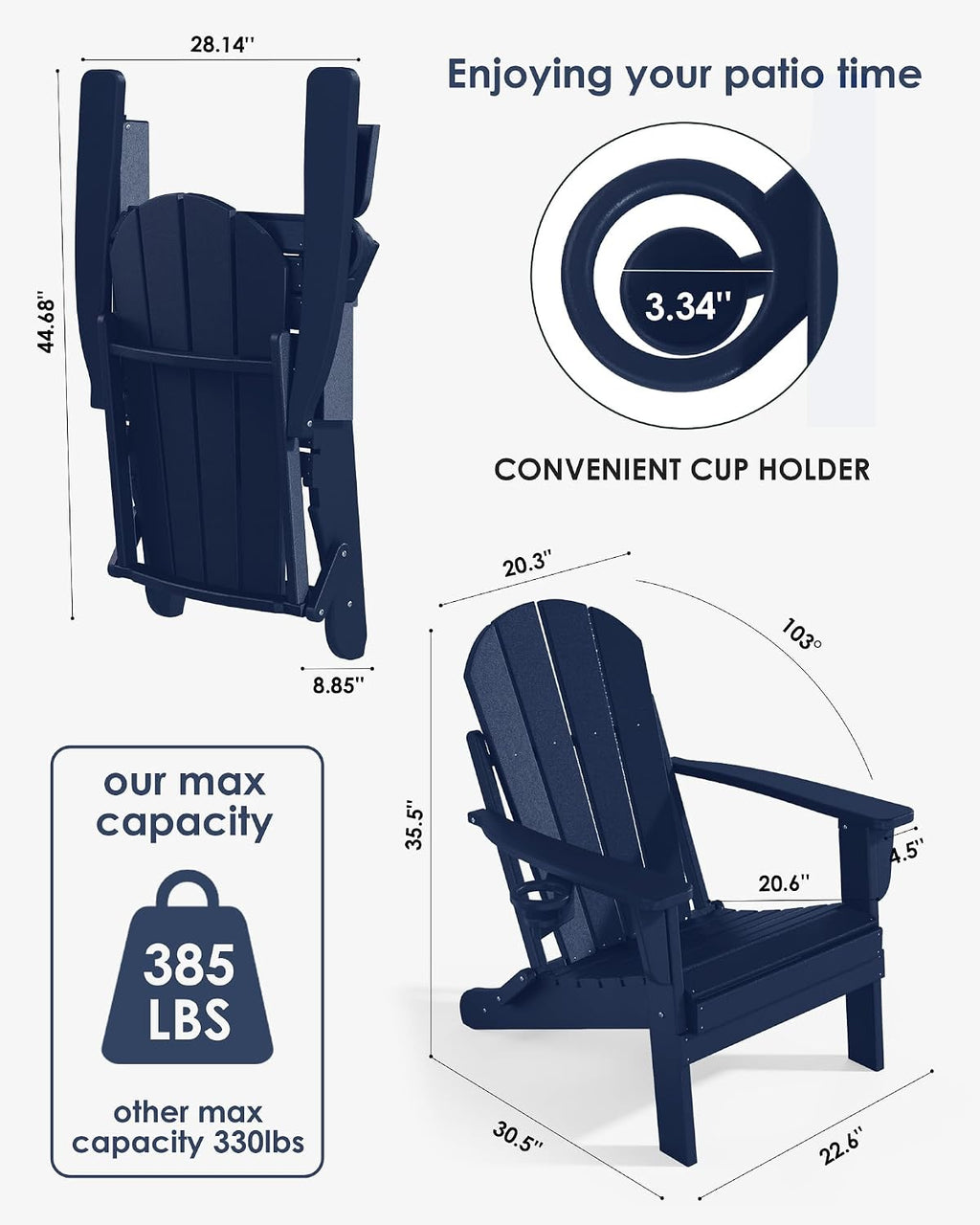 Folding Adirondack Chairs, All-Weather Resistant HDPE Patio Firepit Chairs, Sturdy Outside Chairs with Cup Holder, Lawn Chairs, 80% Pre-Installed Load Capacity 385lb, Navy Blue