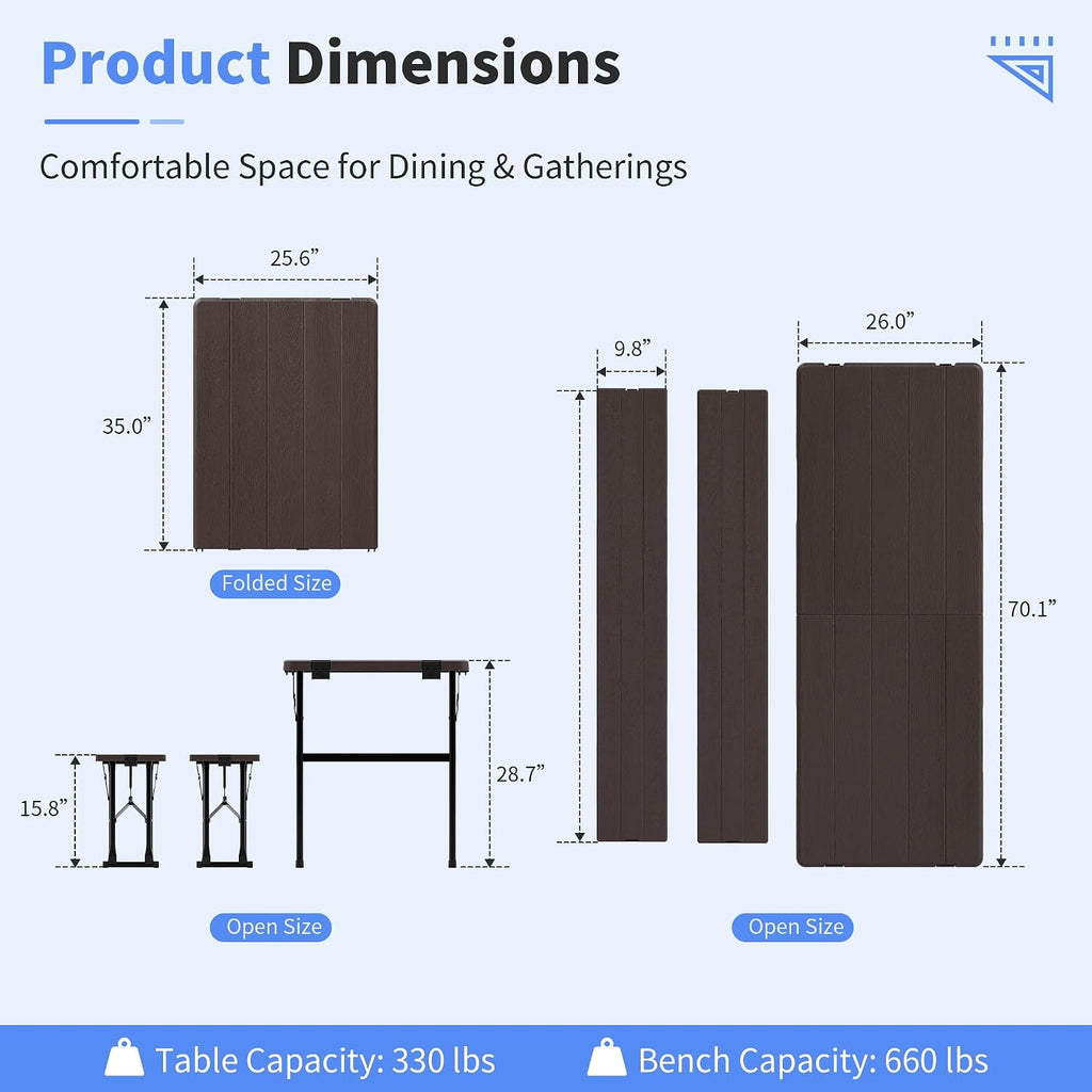 Polar Aurora Picnic Table Set with 2 Benches, 6 Feet Folding Camping Table Chair Set, Portable 3-Piece Outdoor Furniture with Wood Grain Top for Party, Picnic, Camping, Wedding (Brown)