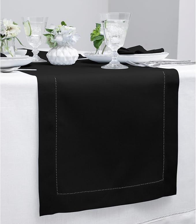 Solino Home Linen Black Table Runner 132 Inches Long - 100% Pure Linen Extra Long Table Runner 14 x 132 Inch for Fall, Autumn, Halloween, Thanksgiving, Holiday - Classic Hemstitch