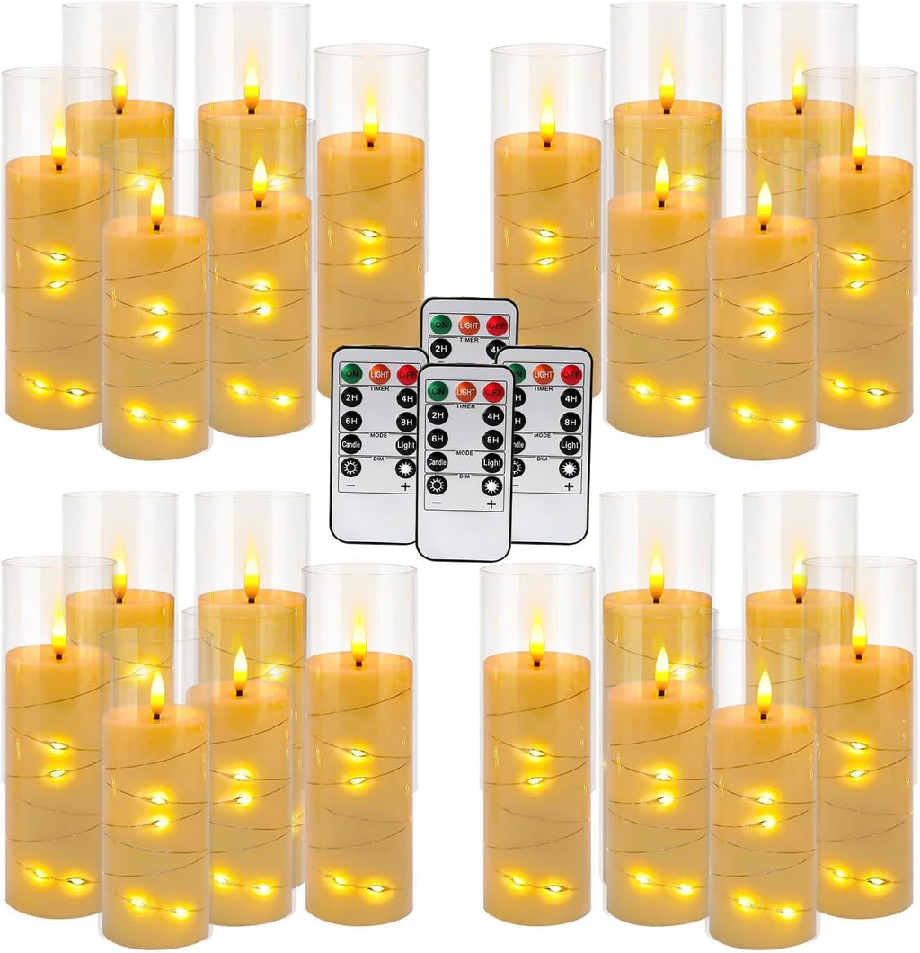 24 Pcs LED Flameless Candles with Remote, 3D Flickering Flame & LED String Lights, Acrylic Clear Cylinder, Timer Function, Romantic Ambience for Home Decor, Party, Wedding (Ivory).