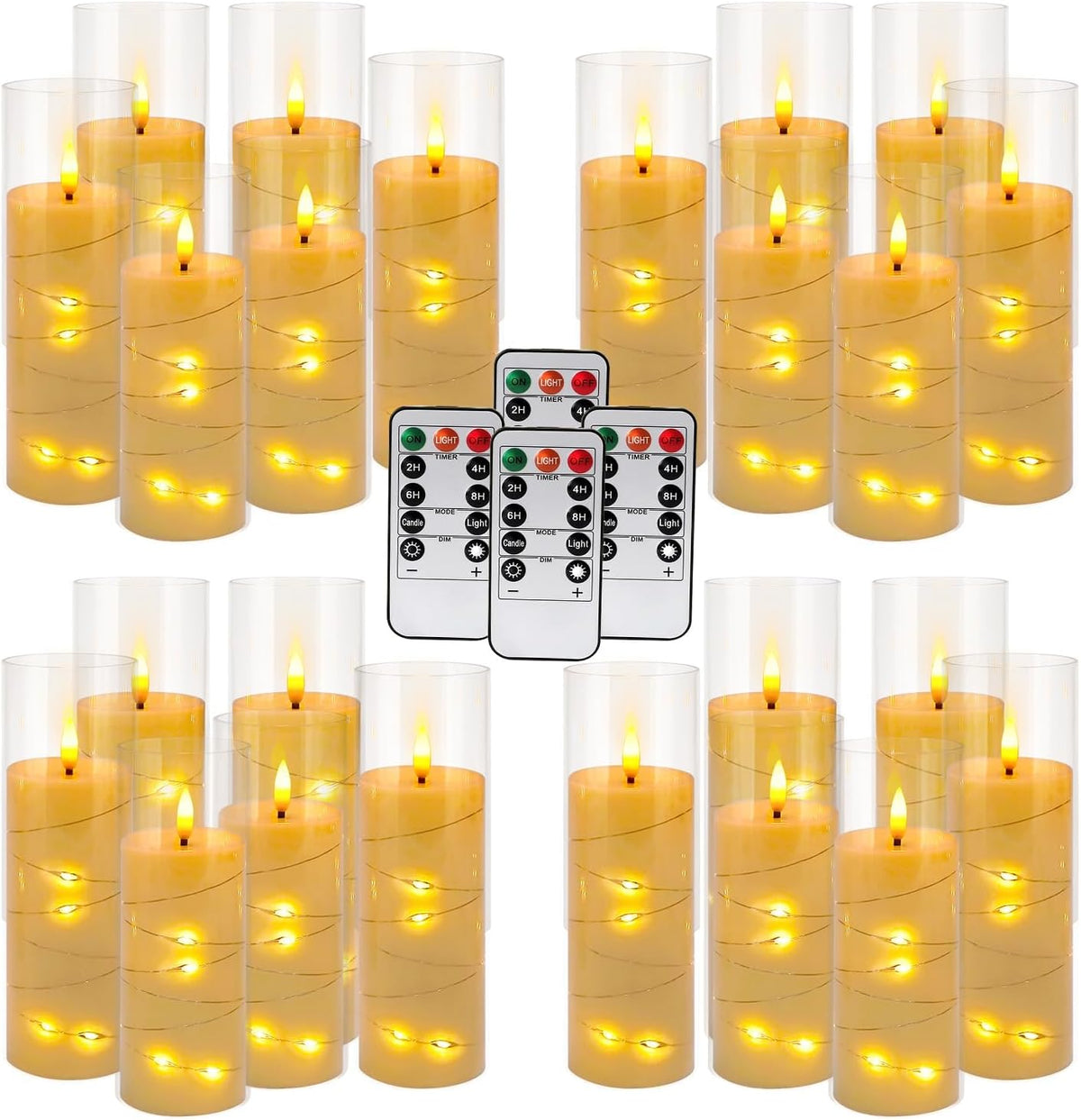 24 Pcs LED Flameless Candles with Remote, 3D Flickering Flame & LED String Lights, Acrylic Clear Cylinder, Timer Function, Romantic Ambience for Home Decor, Party, Wedding (Ivory).
