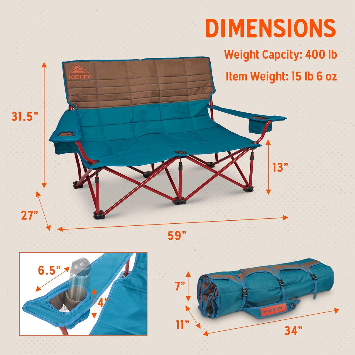 Kelty Low Loveseat 2 Person Folding Camping Chair (Low Height/Deep Lake)