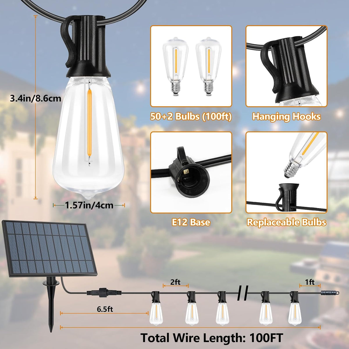 100FT Solar String Lights Outdoor Waterproof with 52 LED Edison Bulbs