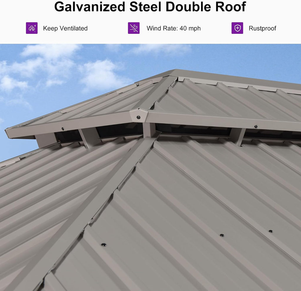 PURPLE LEAF Metal Gazebo 12' x 20' Champagne Galvanized Steel Double Roof