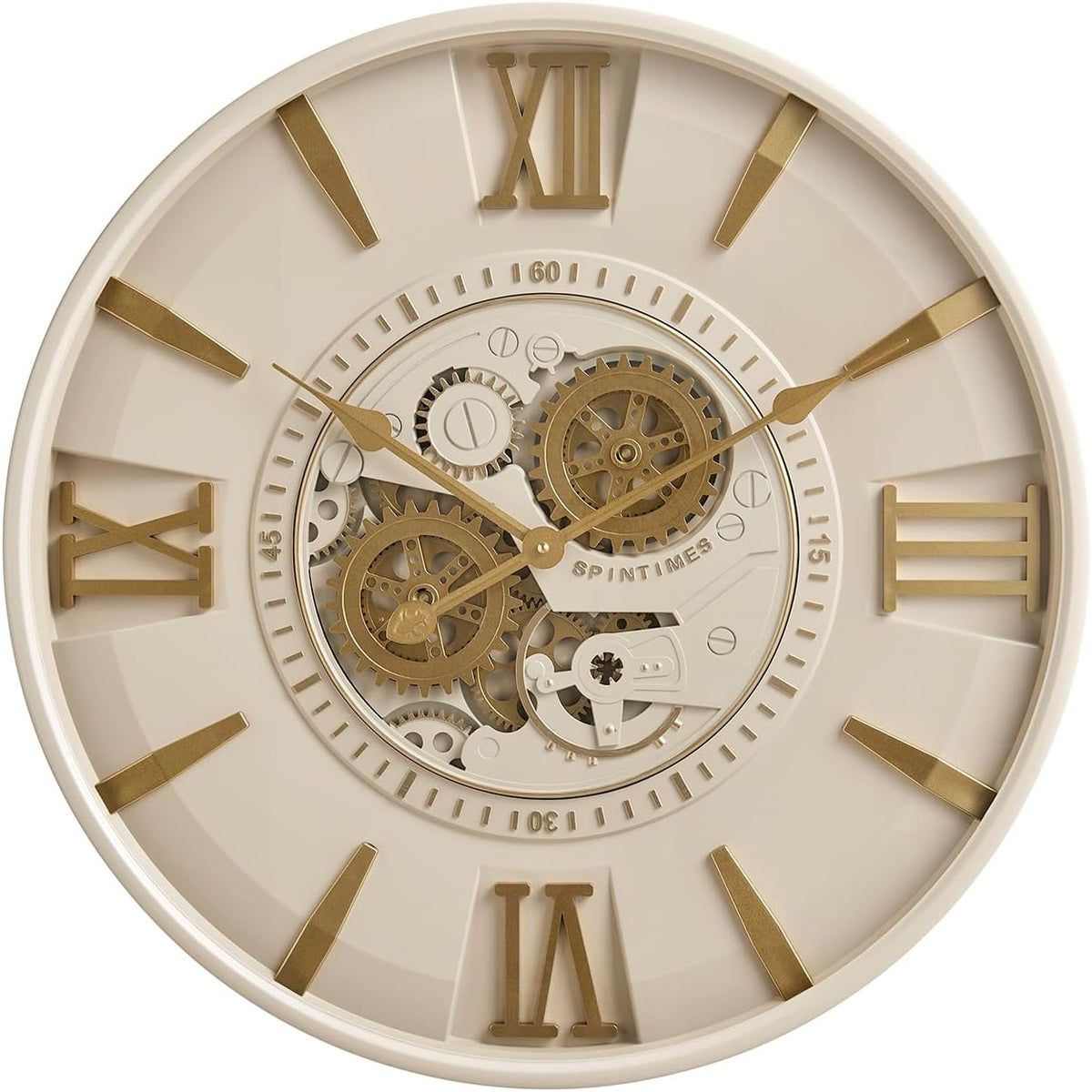 CLXEAST Mid Century Modern 24 Inch Moving Gear Walll Clock, Ivory &Gold