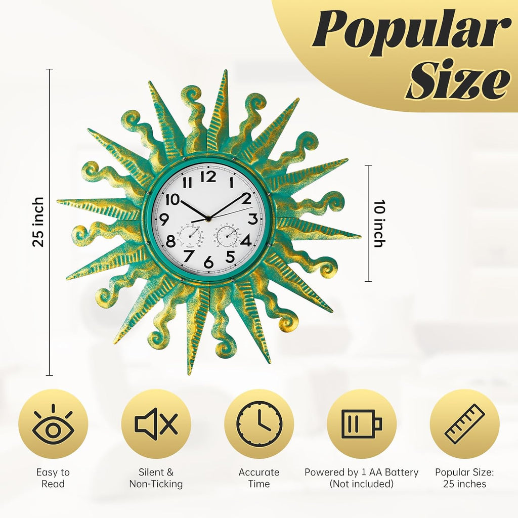 25-Inch Sun-Shaped Outdoor Clock and Thermometer Set Golden