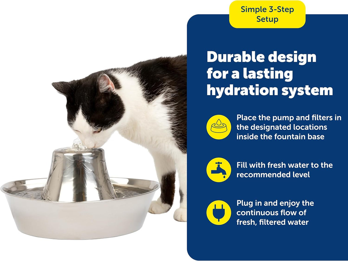PetSafe Seaside Stainless Cat & Dog Fountain, 60 oz, 2 Filters & Pump