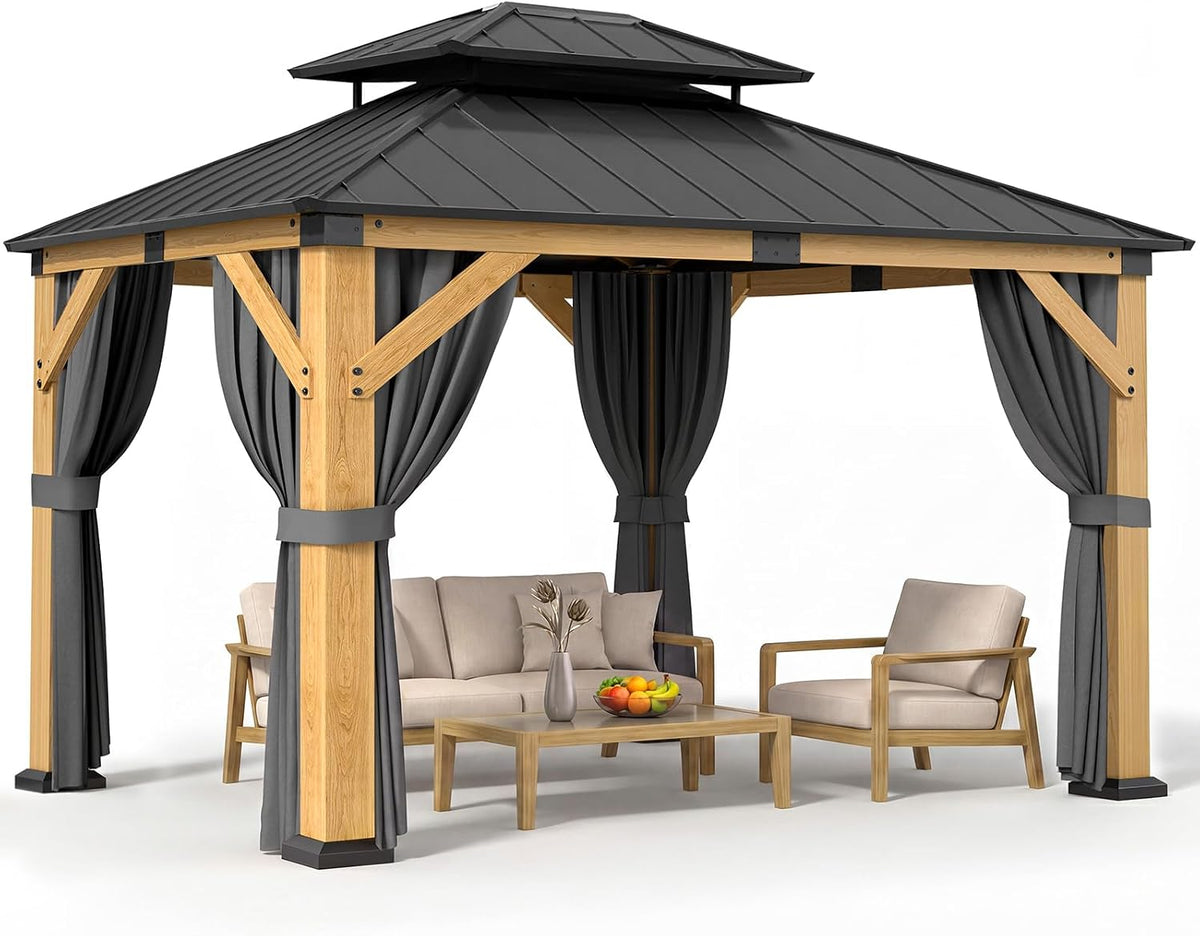 Jocoevol 10' X 12' Wood Gazebo Cedar Wooden Hardtop with Curtains & Netting