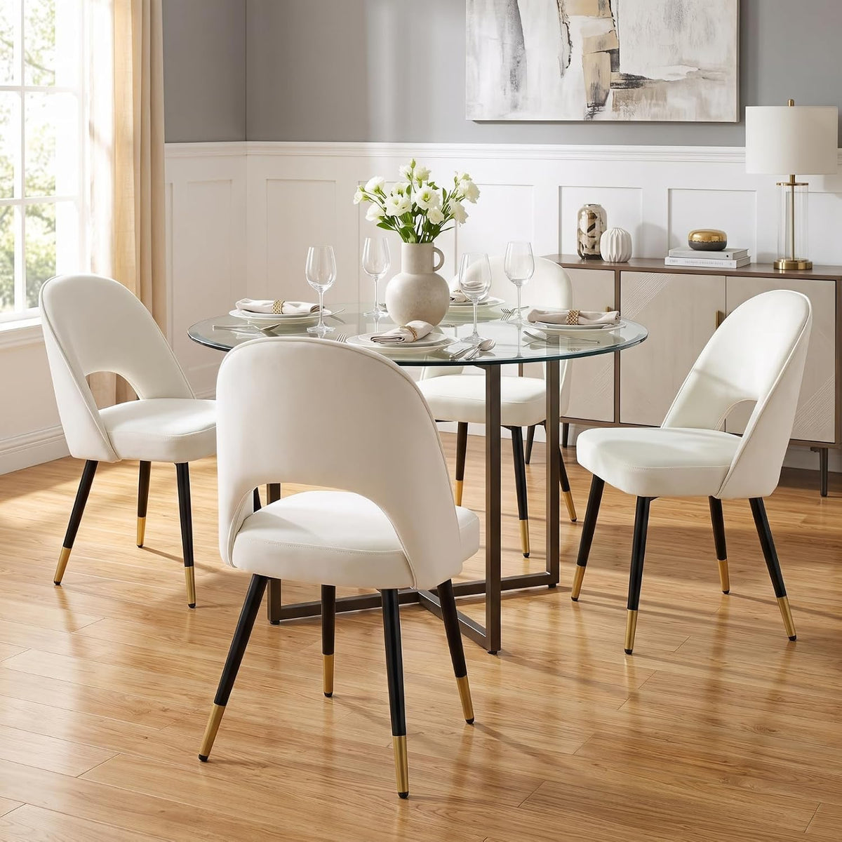 DUOMAY Modern Dining Chair Set of 2 with Open Back, Velvet Upholstered Armless Chair with Metal Frame Side Chair for Kitchen Dining Room Living Room, Beige