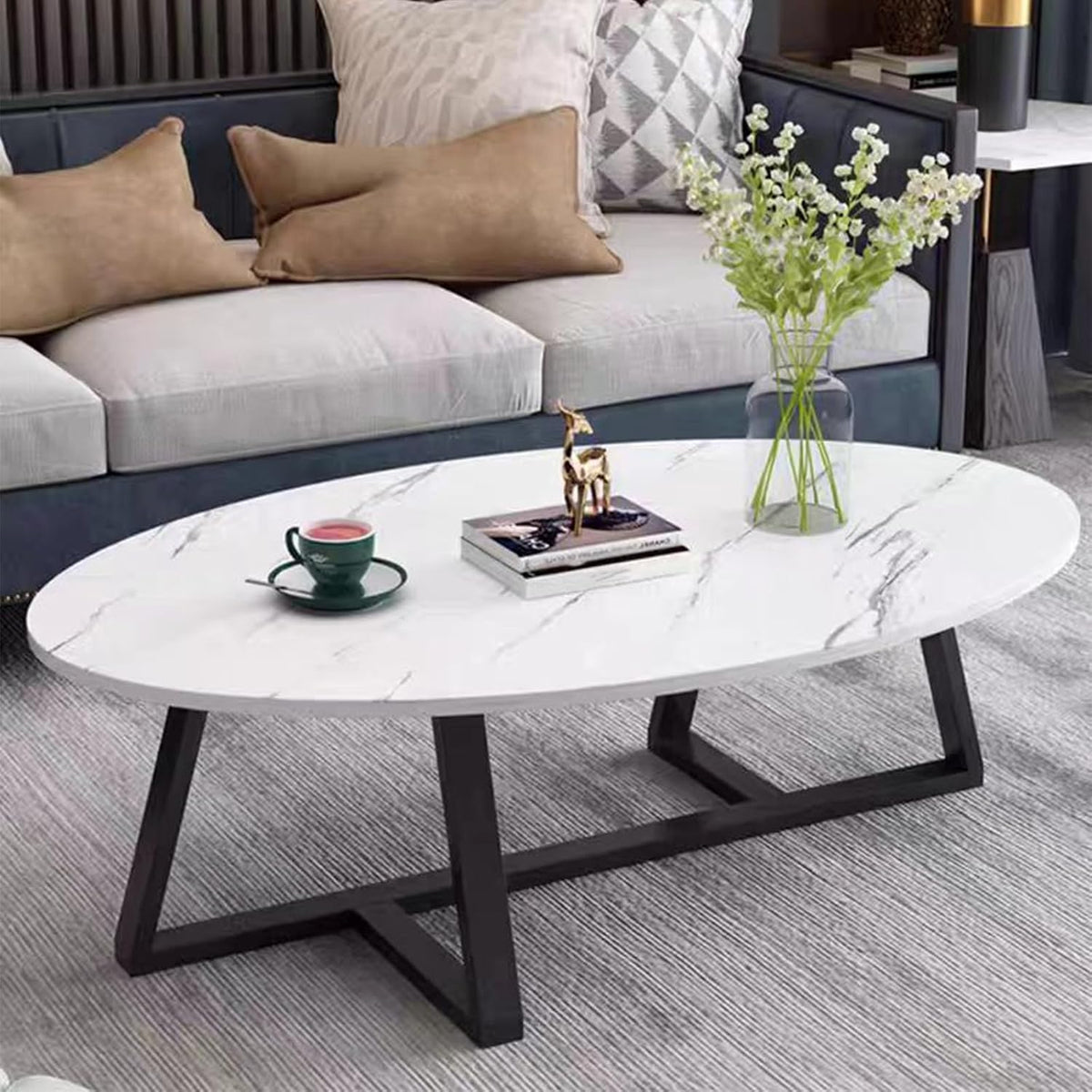 Wolawu Coffee Table Small Oval Table,White Faux Marble Table for Living Room, Modern Center Tea Tables for Small Space,Wooden Tables End Tables with Sturdy Black Metal Leg