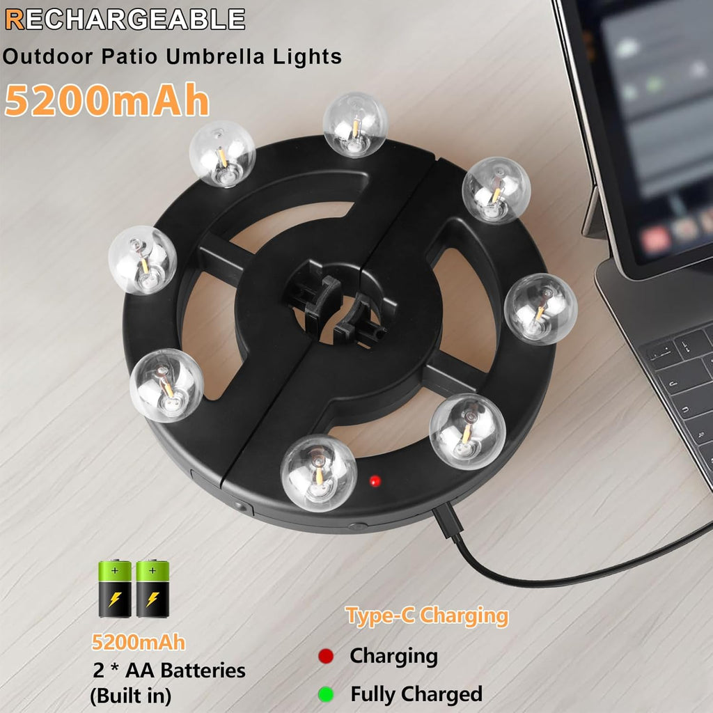 Umbrella Lights Outdoor Patio, Rechargeable Cordless, 8 LED Bulbs