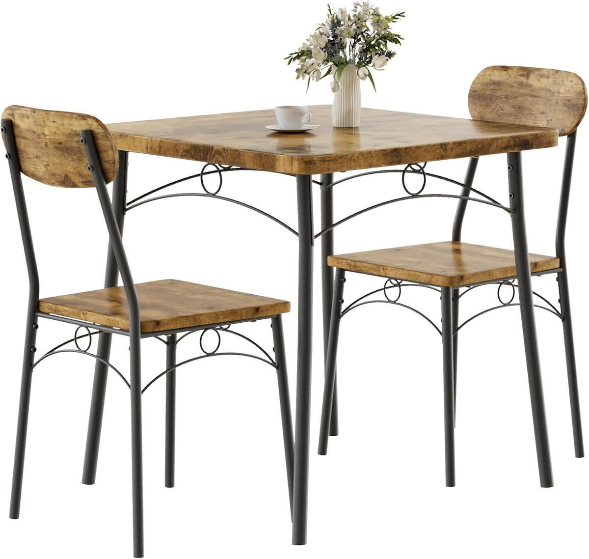 VECELO 3 Piece Small Dining Table Set for 2, Metal and Wood Square Kitchen Dinette for Breakfast Nook, Dining Room, Apartment, Saving Space, Rustic Brown