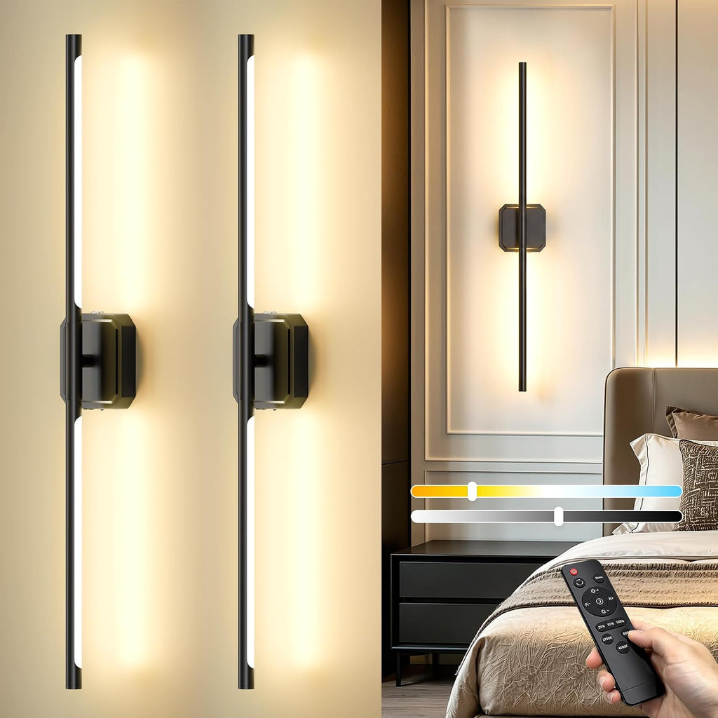 Battery Operated Wall Sconces Set of Two, Wireless Wall Lights Touch & Remote Control Rechargeable LED Wall Lamp 2700K-6000K Dimmable Lights for Living Room Bedroom Bathroom Hallway( 29 ", Black)