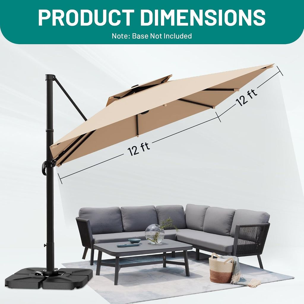 AreShark 12×12 FT Double-Top Cantilever Patio Umbrella, Beige