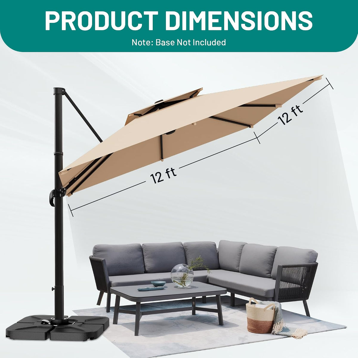 AreShark 12×12 FT Double-Top Cantilever Patio Umbrella, Beige