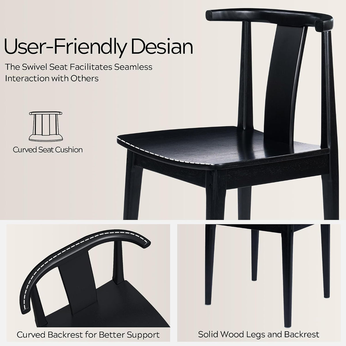 EYYTHUNG Wood Dining Chairs Set of 4, Farmhouse Kitchen Chairs with Curved Back, Modern Mid Century Wishbone Dining Chairs for Dining Room, Kitchen, Black