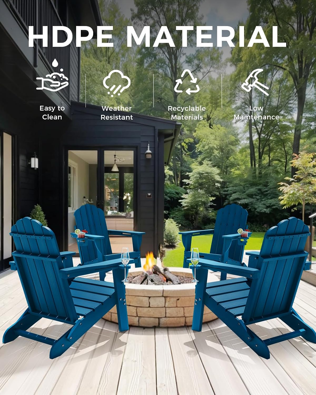 Folding Adirondack Chair, All-Weather HDPE Patio Chair with 2 Cup Holders