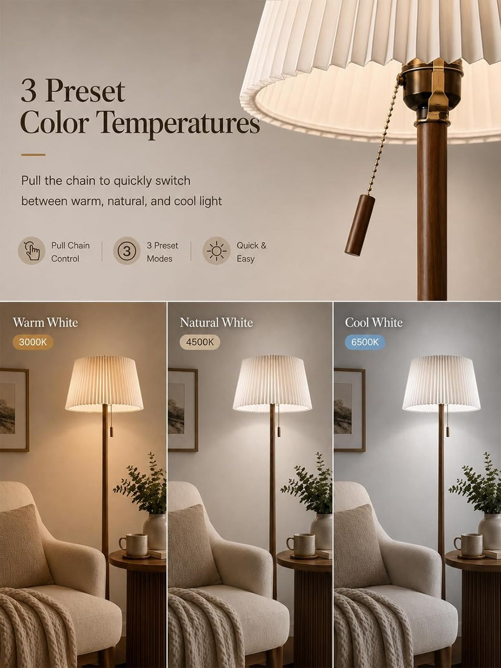 MOFFE Mid Century Modern Real Wood Floor Lamp with Remote, 2 Shades