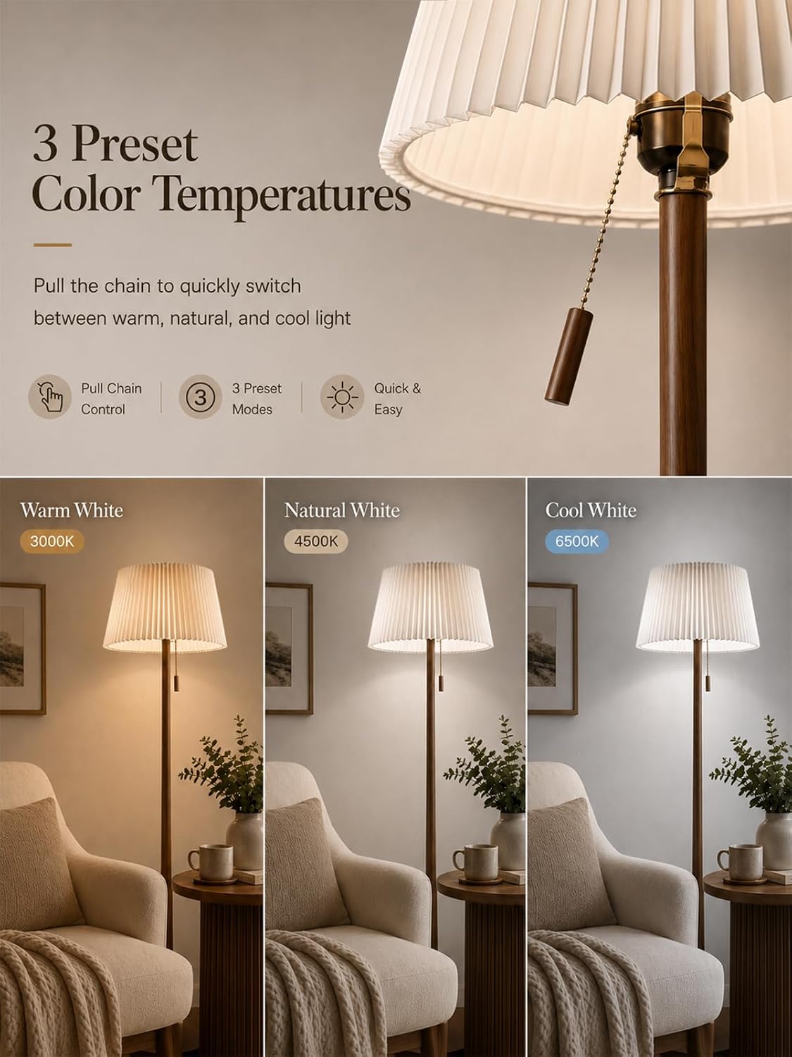 MOFFE Mid Century Modern Real Wood Floor Lamp with Remote, 2 Shades