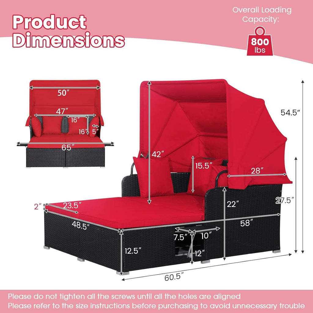 dreamade outdoor daybed with canopy, 2 person rattan showing dimensions