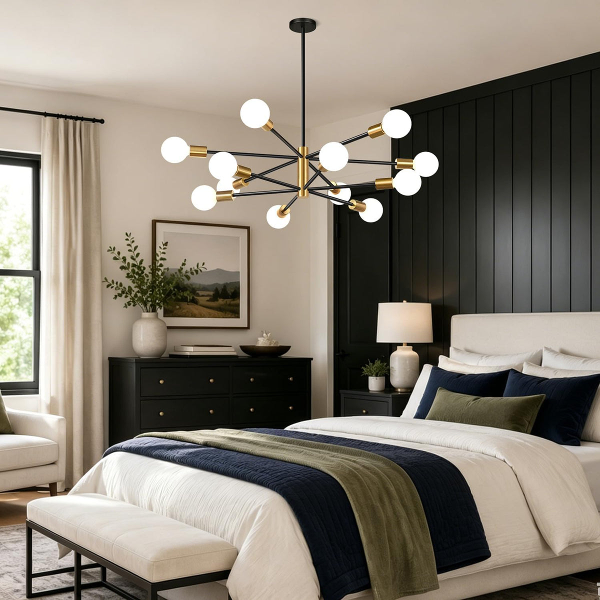 11"-52" Height Adjustable Modern Chandelier Ceiling Light Fixture, 12-Light Sputnik Chandeliers Brushed Gold and Matte Black Mid Century Chandelier Over Table, Chandeliers for Dining Room Living Room