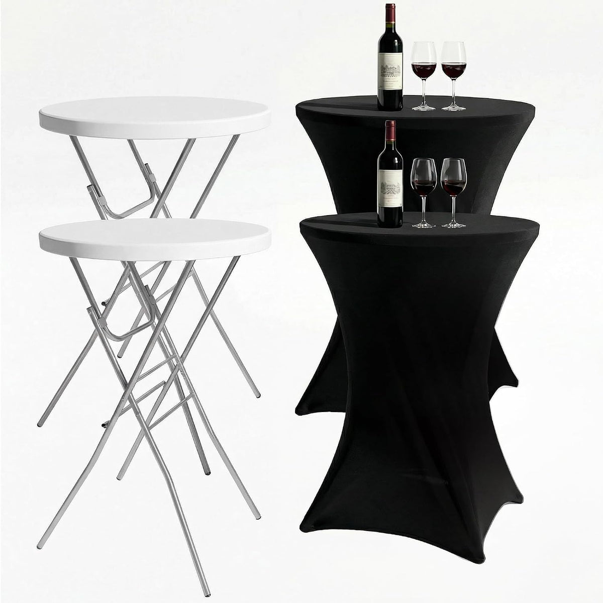 2-Pack 28 Inch Round Folding High Top Cocktail Tables with Dual Black Tablecloths, Portable Bar Height Bistro Set, Detachable Legs, Heavy Duty Indoor Outdoor Furniture for Wedding, Party & Events