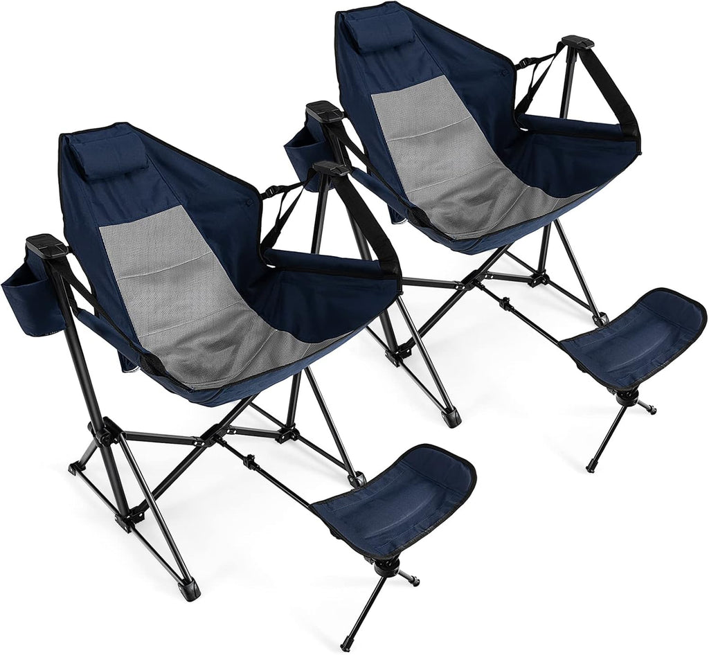 GIANTEX Outdoor Hammock Camping Chair - Rocking Chair with Removable Footrest, Adjustable Backrest, Pillow, Cup Holder, Storage Bag, Portable Fishing Chair for Poolside Patio Folding Chair (2, Navy)