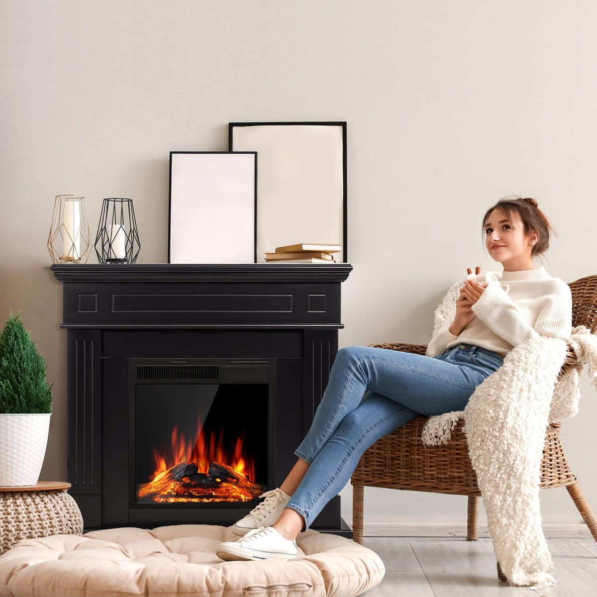 43” Electric Fireplace Mantel Freestanding Electric Fireplace, Remote Control, Adjustable Led Flame, 750W/1500W Black