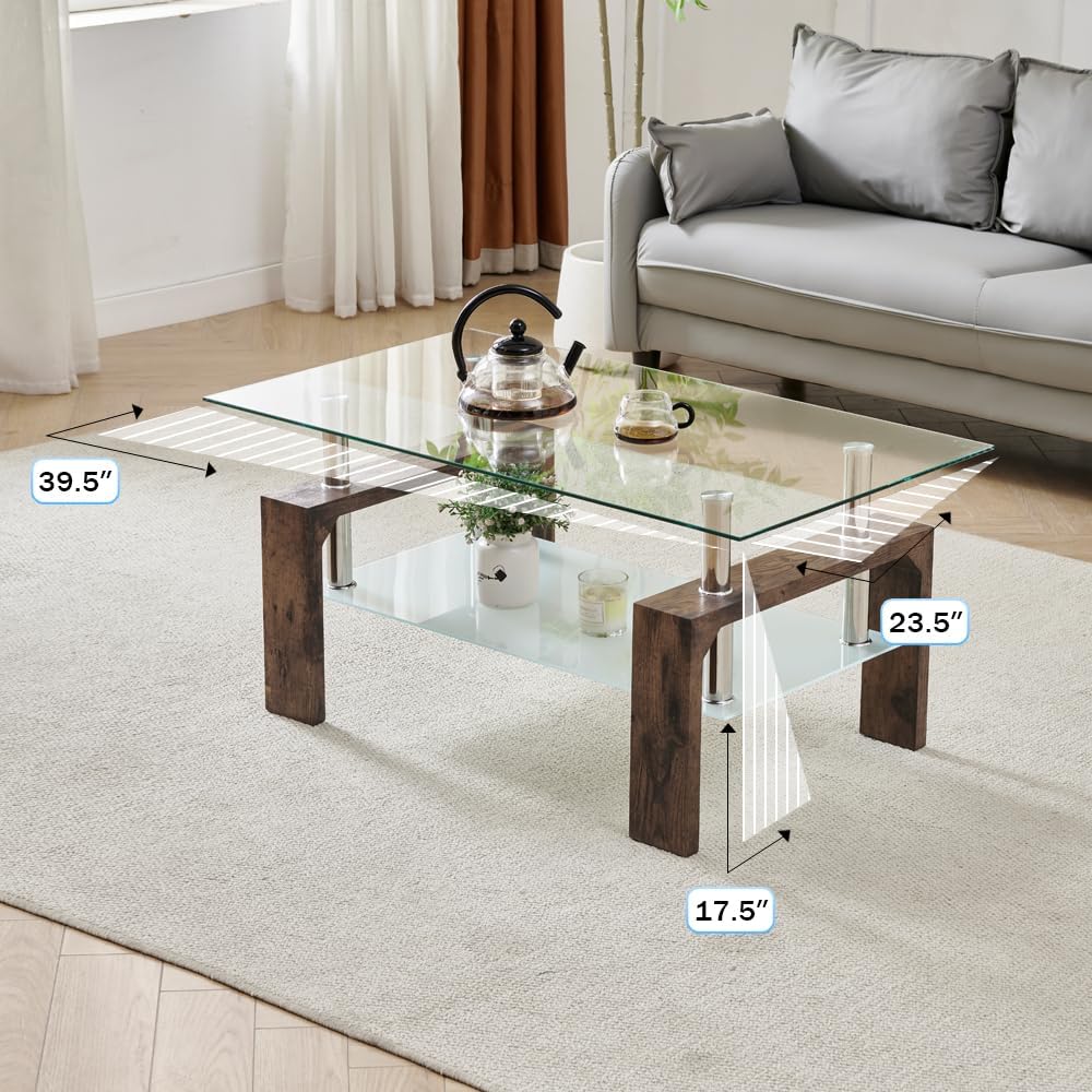 Living Room Rectangle Coffee Table, Tea Table Suitable for Waiting Room, Modern Side Coffee Table with Wooden Leg, Glass Tabletop with Lower Shelf.(brown)